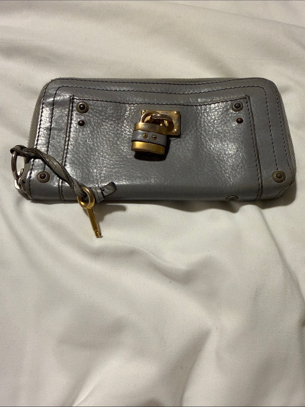 Chloé Paddington Gray Leather Zip Around Wallet with Padlock & Key